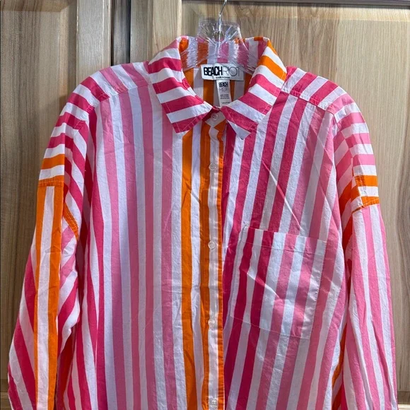 Beach Riot Pink Orange Striped Beach Resortwear Button Down Cover Up Shirt Sz PL - Picture 6 of 11